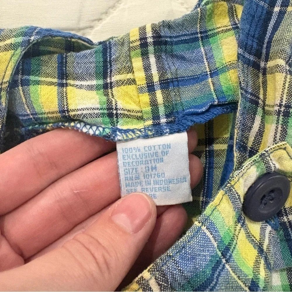 Vintage Kids Boys Plaid Maritime Nautical Anchor Embroidered Overalls Size 9M